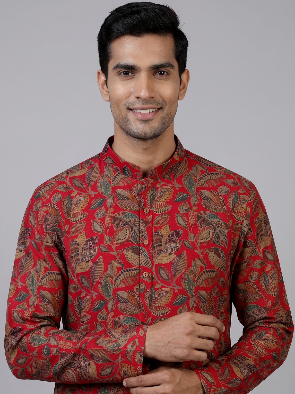 Red cotton silk printed kurta suit for festive celebrations for men