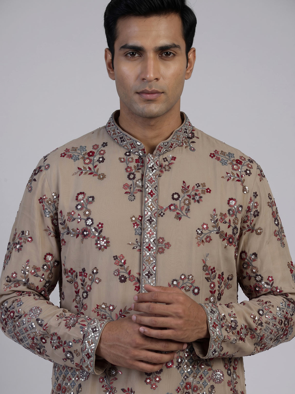 Beige tusser georgette kurta suit with embroidery and sequins for men