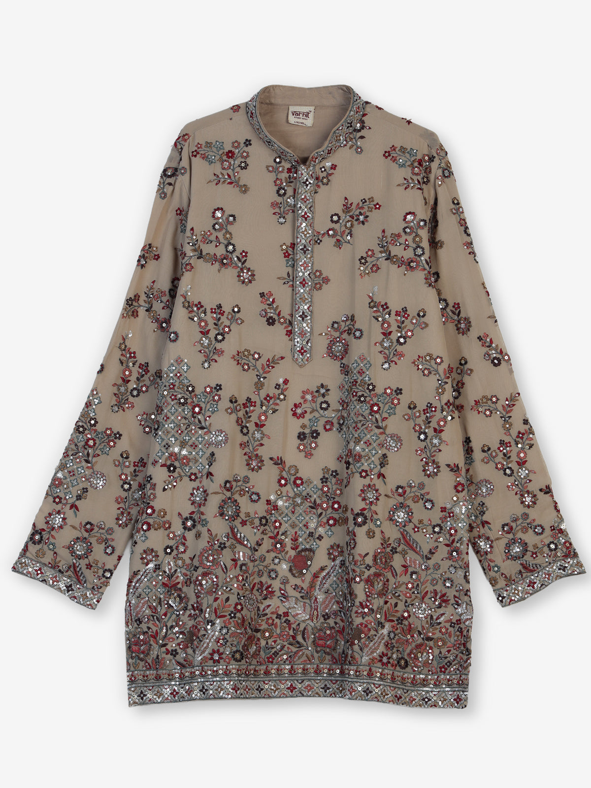 Beige tusser georgette kurta suit with embroidery and sequins for men