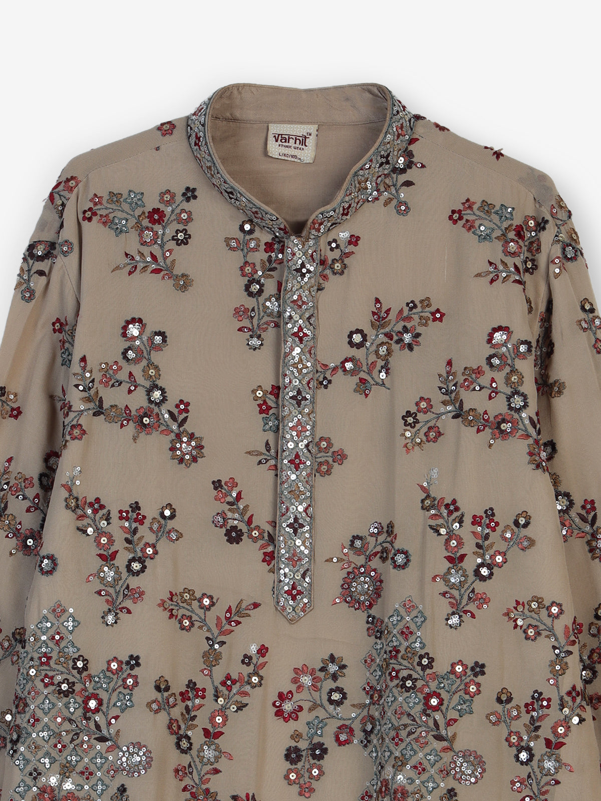 Beige tusser georgette kurta suit with embroidery and sequins for men