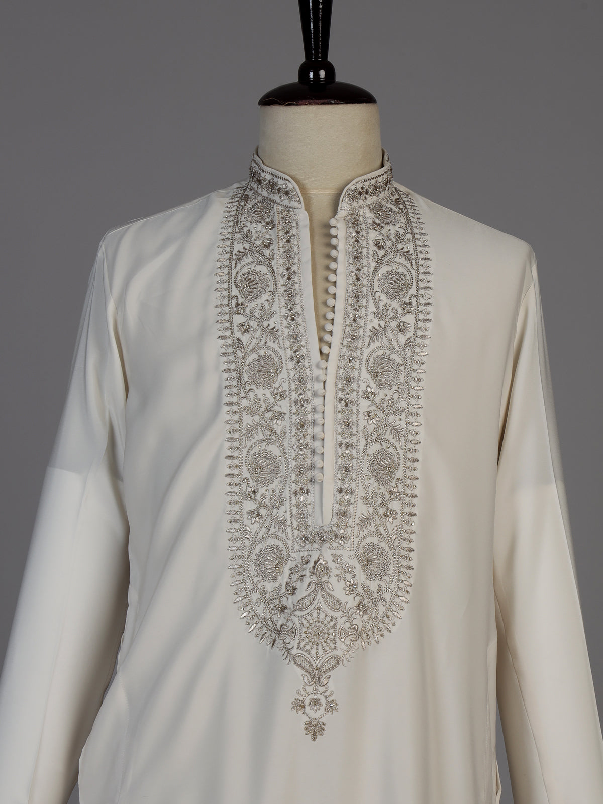Cream silk blend kurta suit with embroidery stone and dupatta for men