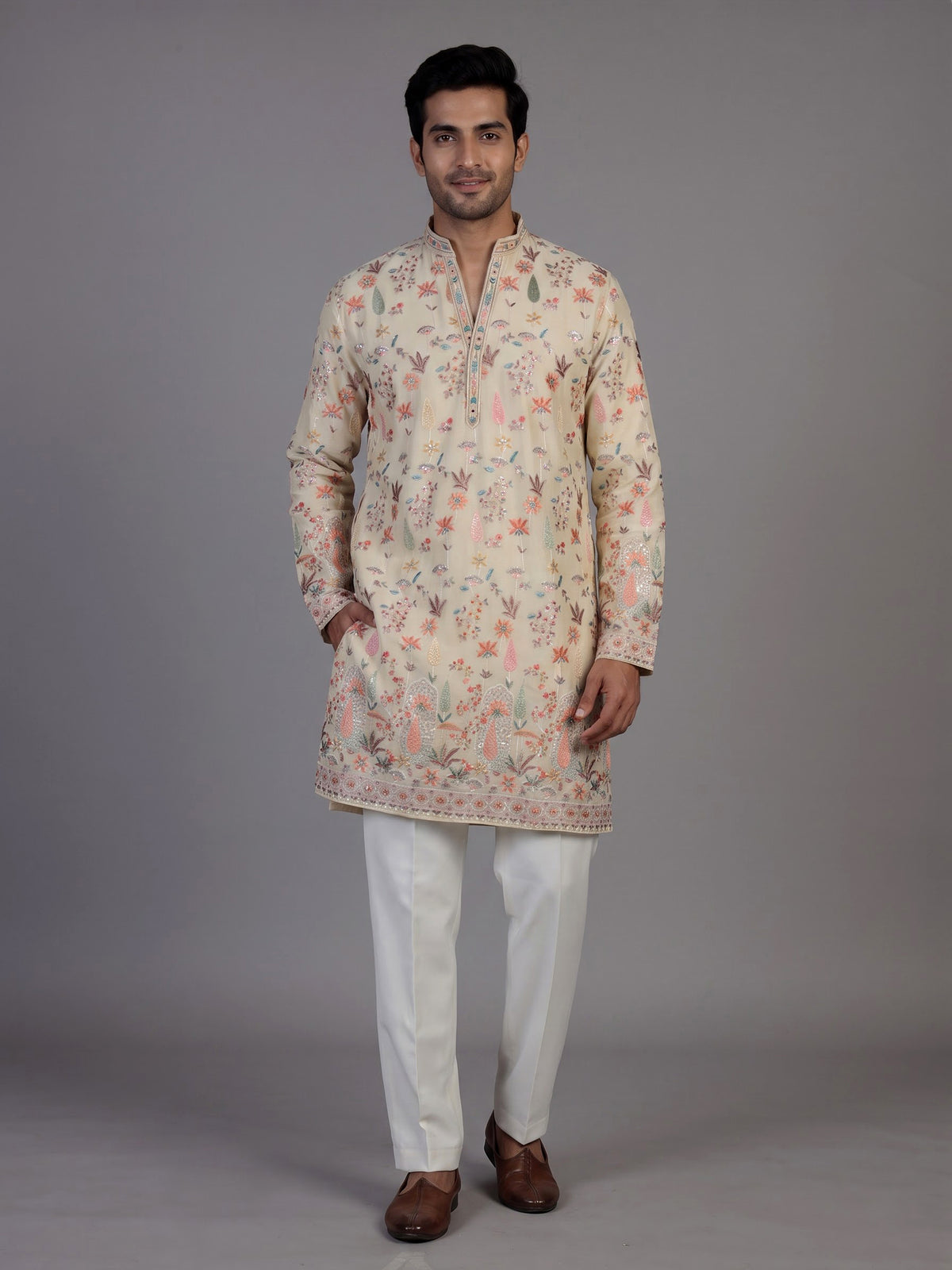 Cream chanderi silk kurta suit with embroidery and sequins for men