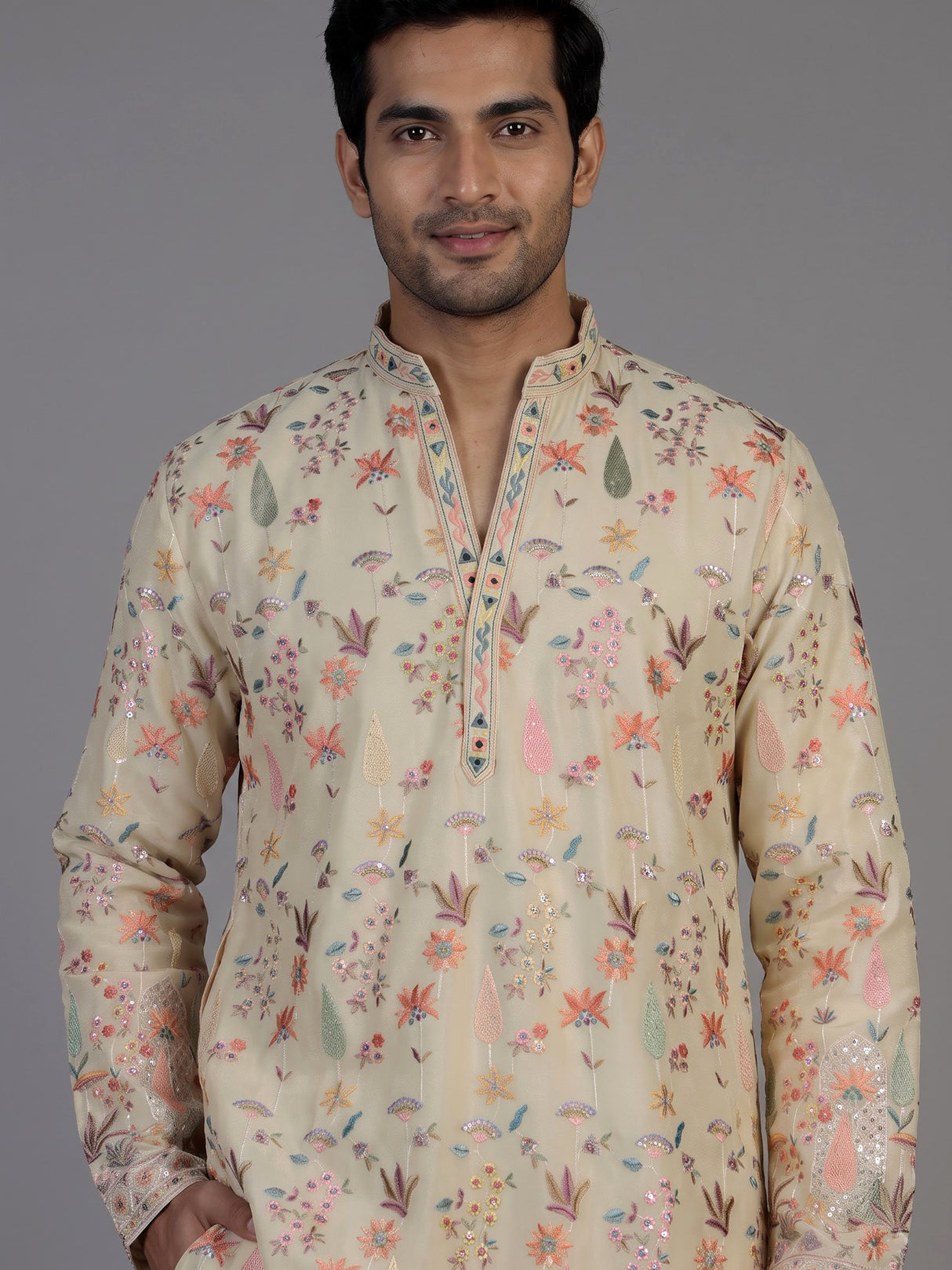 Cream chanderi silk kurta suit with embroidery and sequins for men
