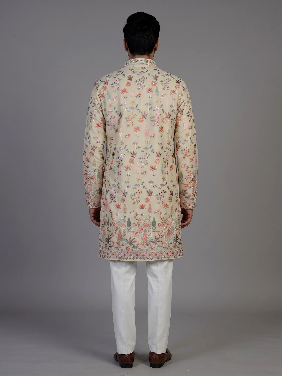 Cream chanderi silk kurta suit with embroidery and sequins for men