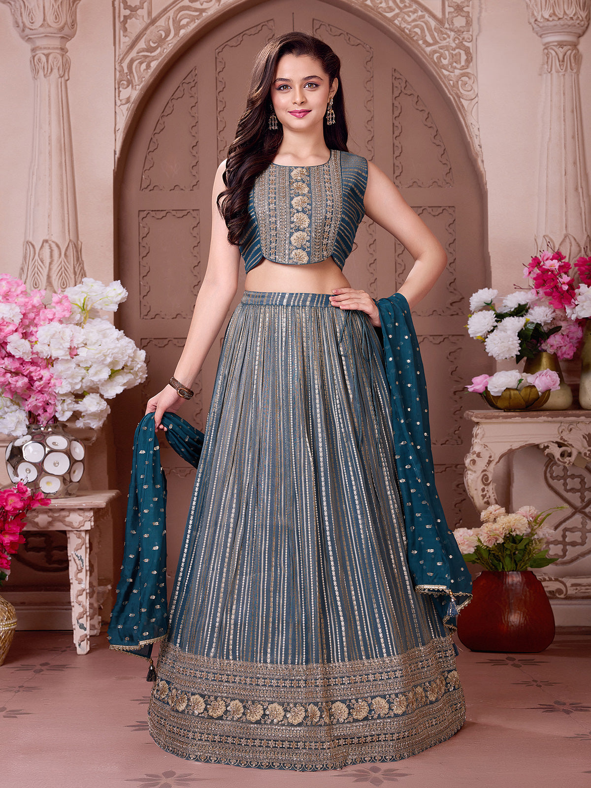 Steel blue embroidered girls lehenga choli