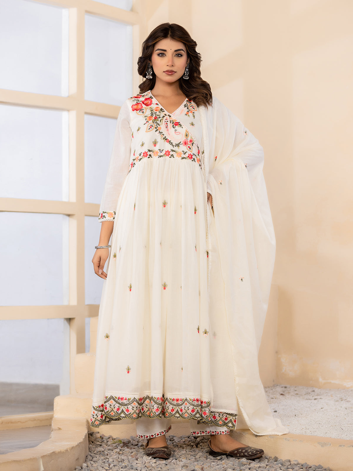 Off white floral angrakha womens kurti set
