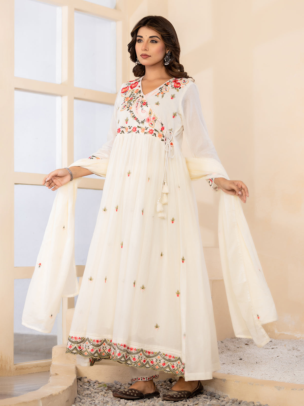 Off white floral angrakha womens kurti set