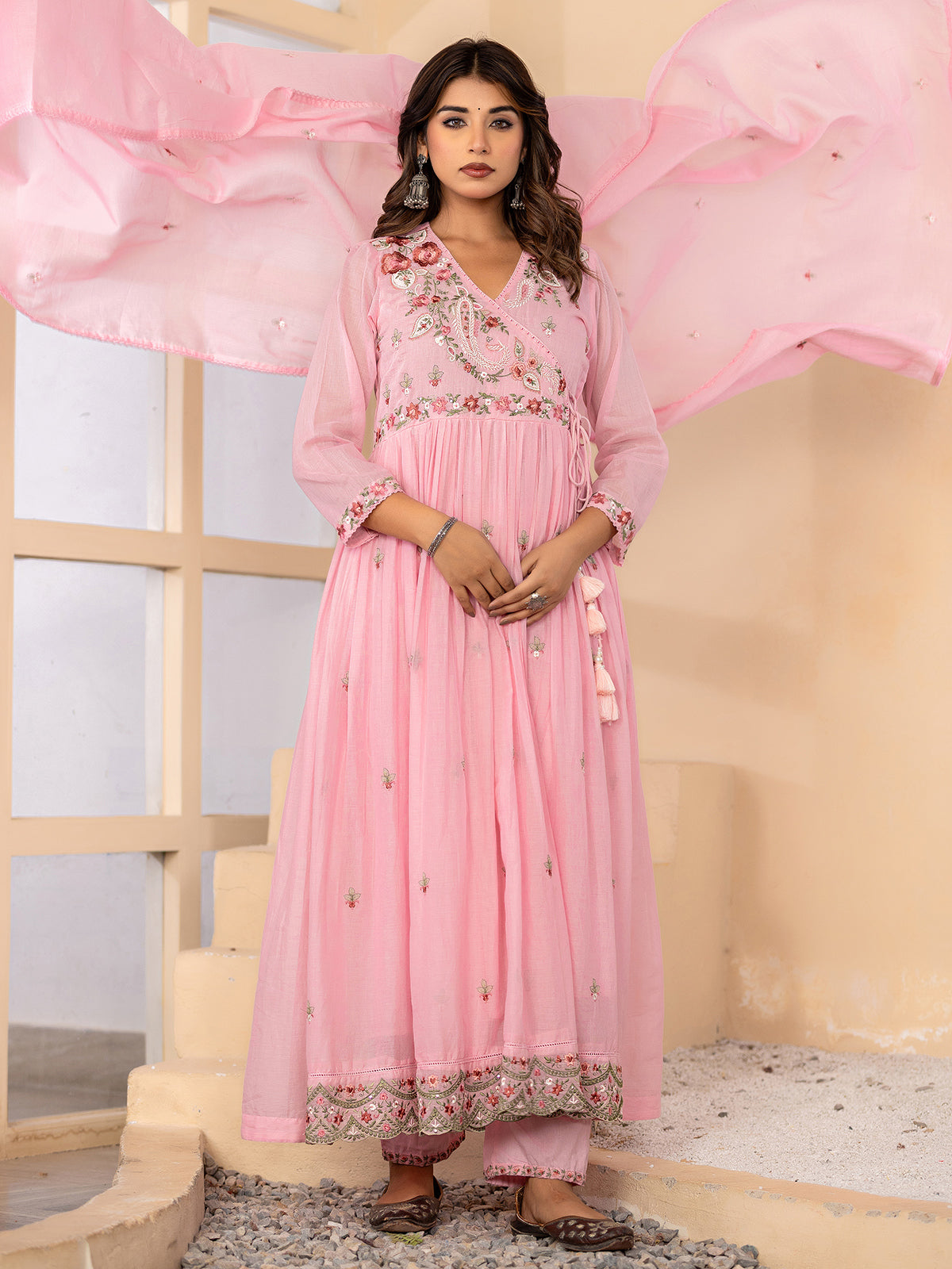 Light pink angrakha anarkali womens kurti set