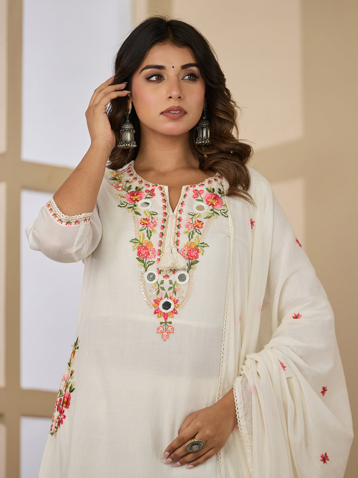 Off white floral mirror womens kurti set
