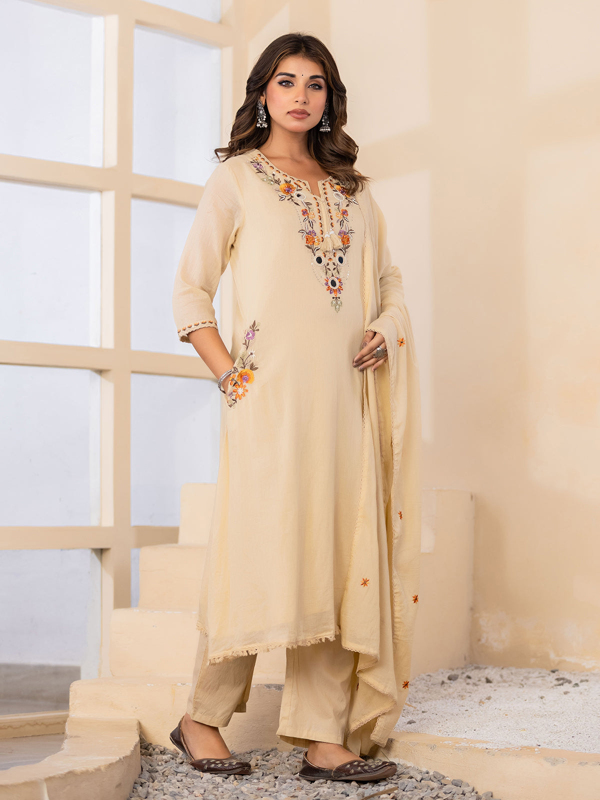 Beige embroidered keyhole womens kurti set