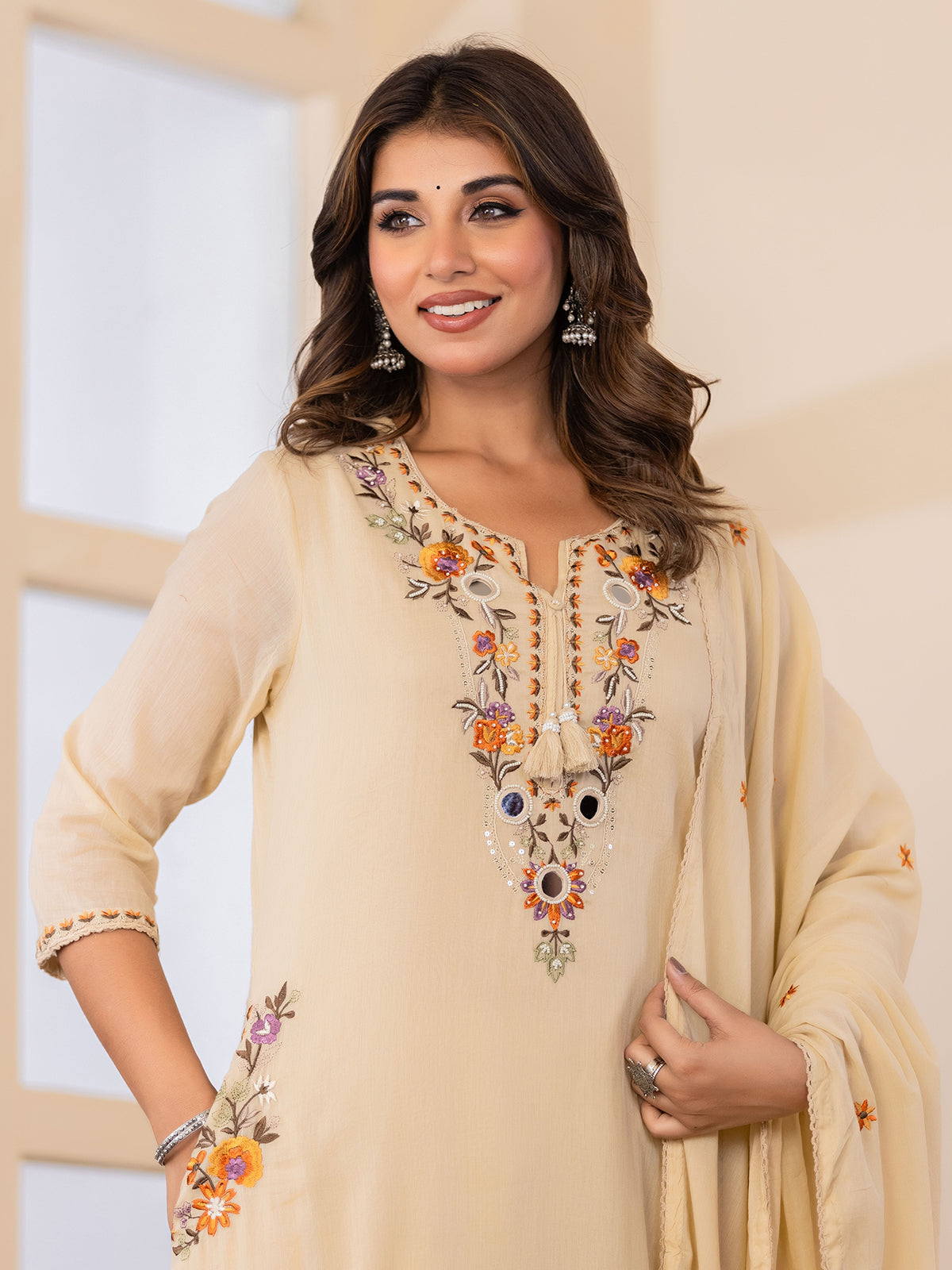 Beige embroidered keyhole womens kurti set