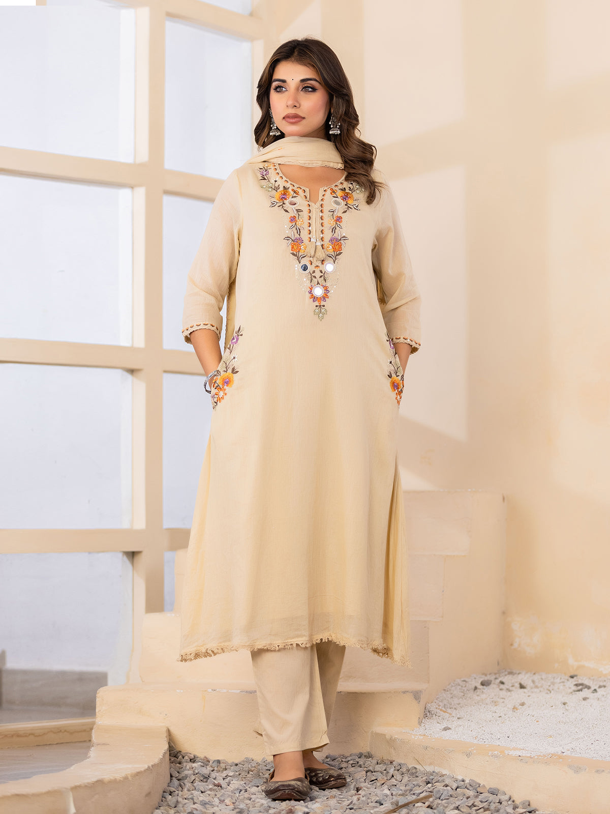 Beige embroidered keyhole womens kurti set