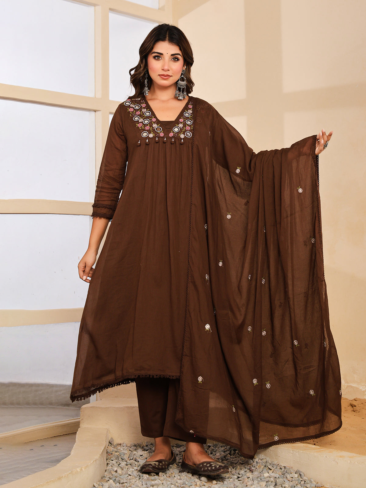 Brown floral mirror work womens kurti set