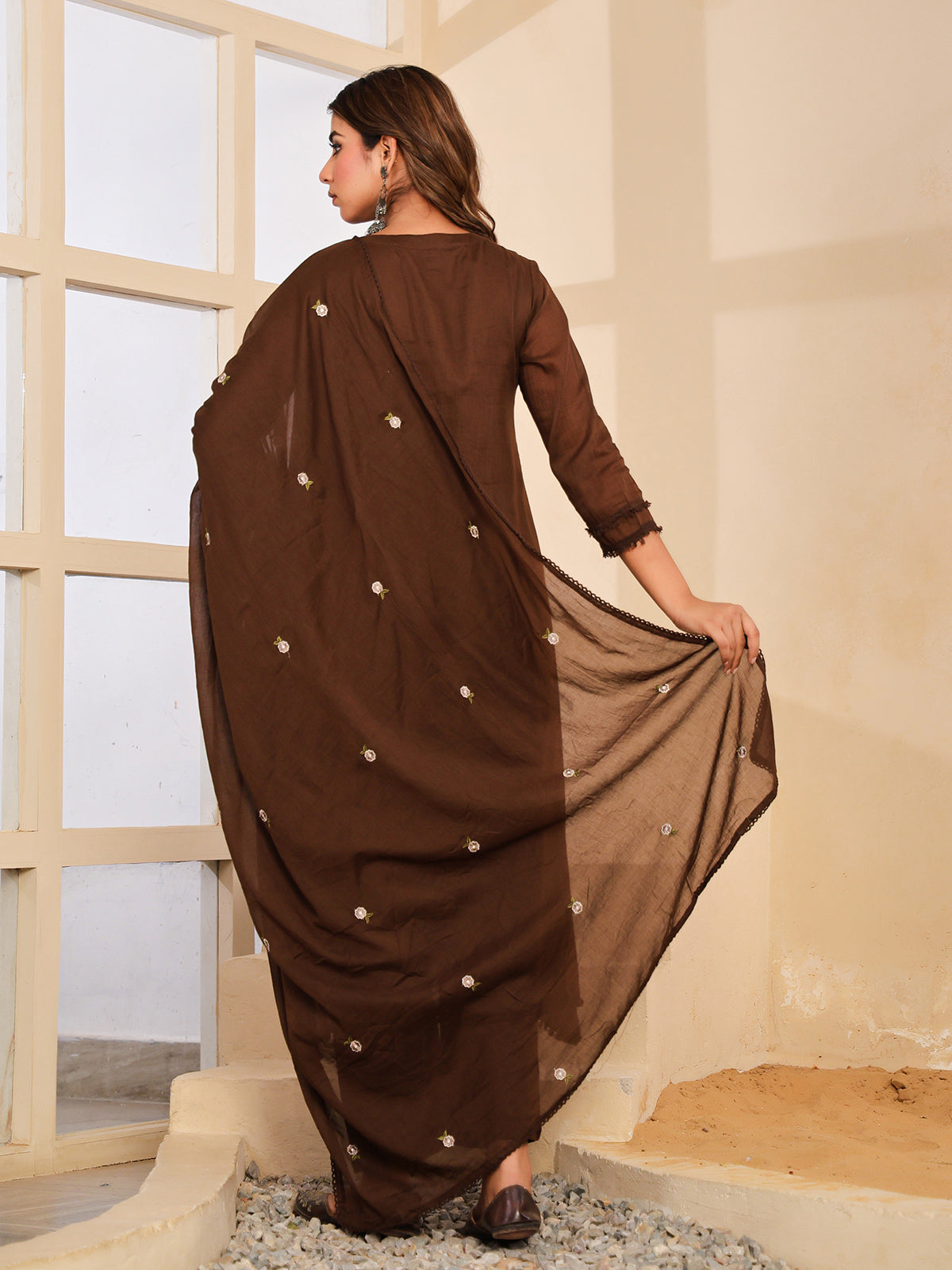 Brown floral mirror work womens kurti set