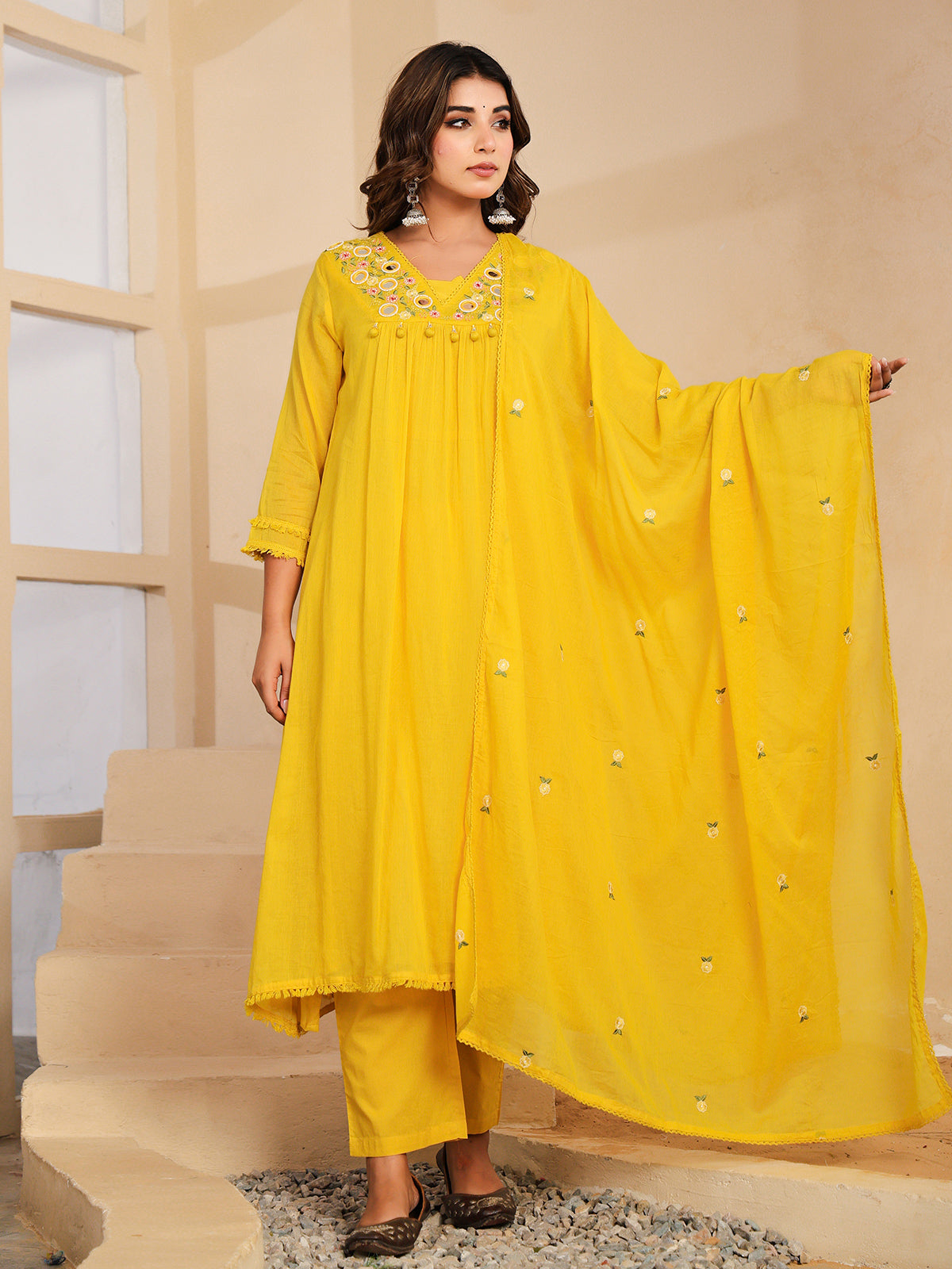 Yellow floral mirror work womens kurti set