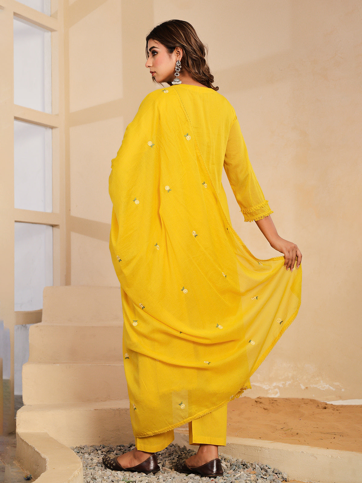 Yellow floral mirror work womens kurti set
