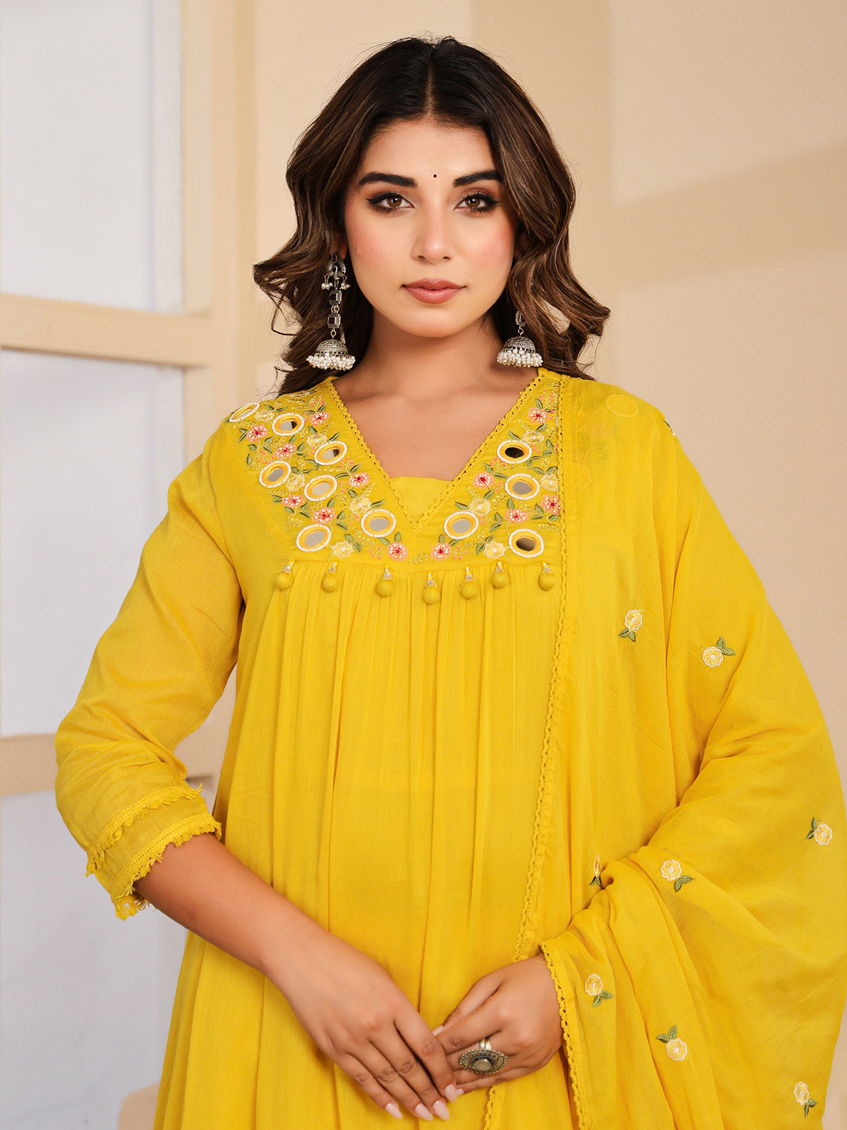 Yellow floral mirror work womens kurti set