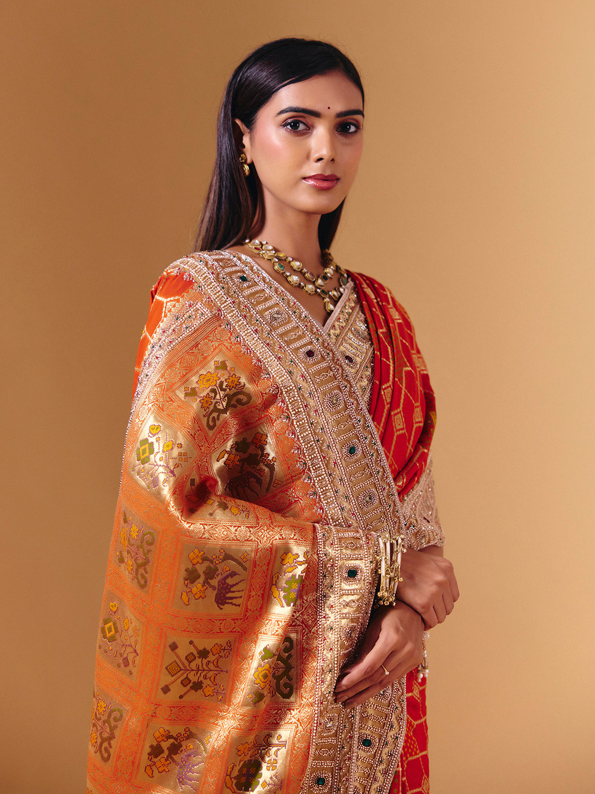 Orange georgette saree with sparkling animal motif detailing