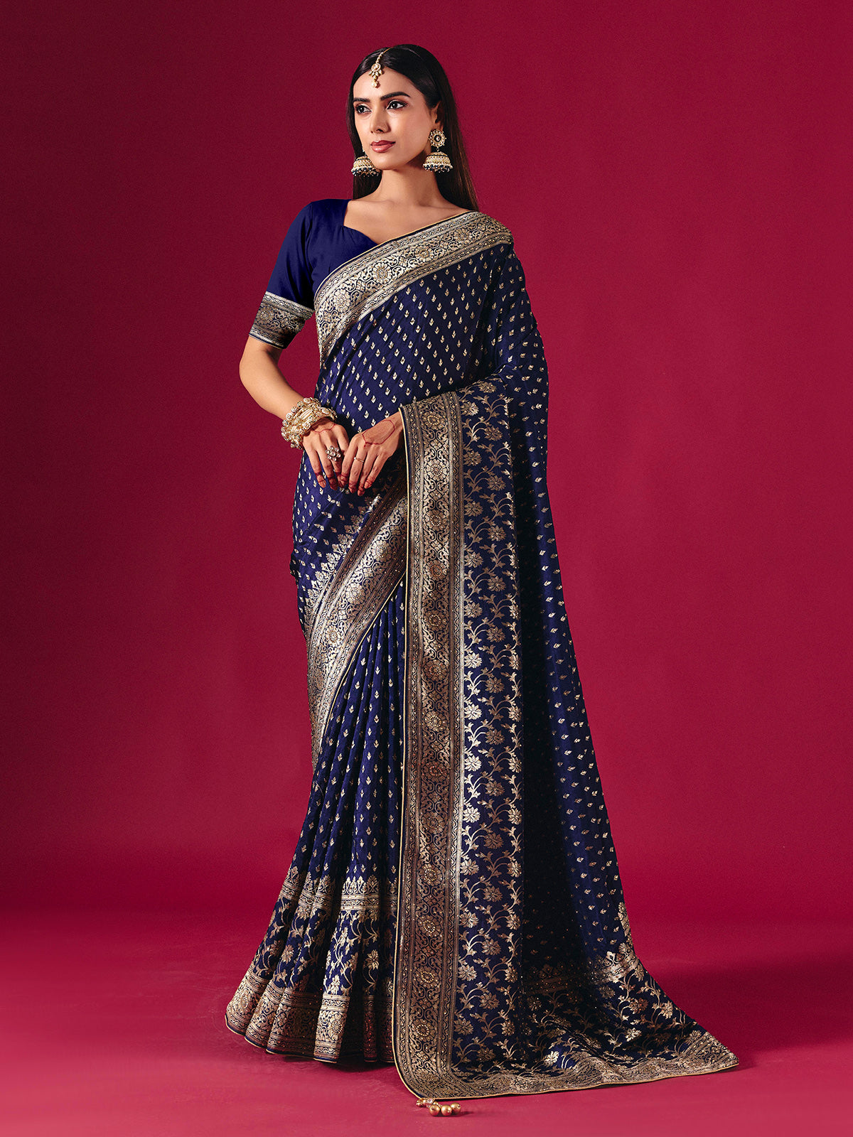 Royal blue dola silk saree with zari butti elegance