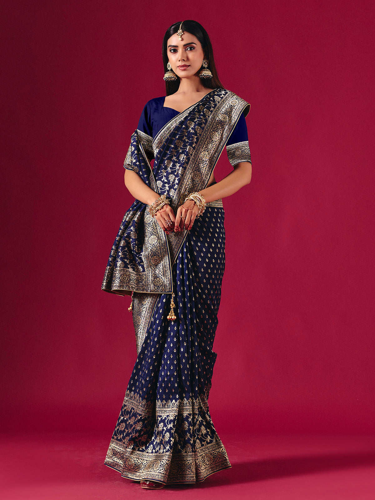 Royal blue dola silk saree with zari butti elegance
