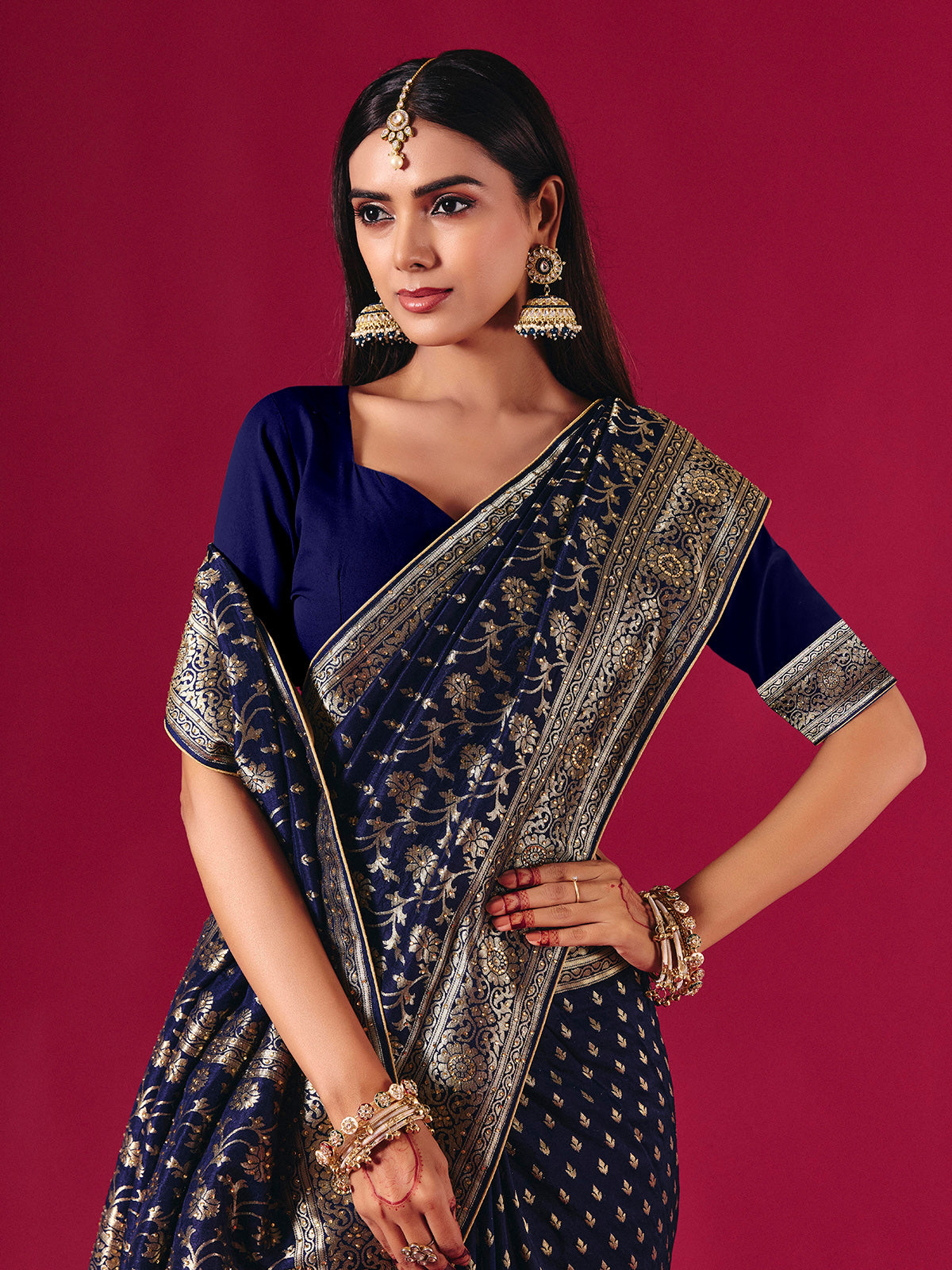 Royal blue dola silk saree with zari butti elegance