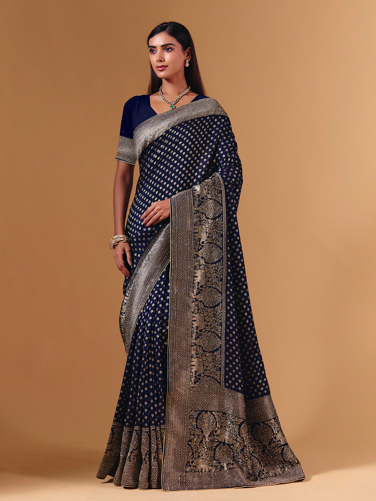 Navy dola silk saree with elephant motif zari detailing
