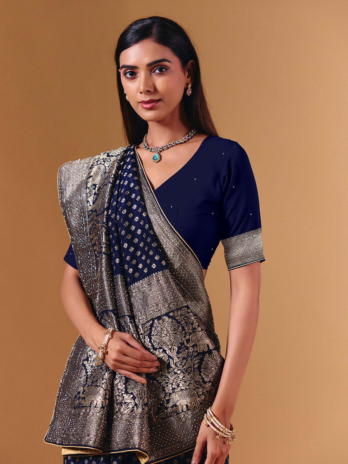Navy dola silk saree with elephant motif zari detailing