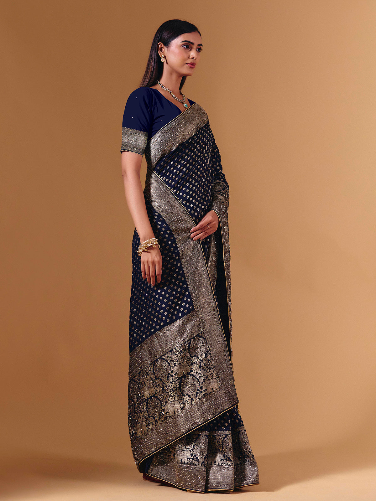 Navy dola silk saree with elephant motif zari detailing