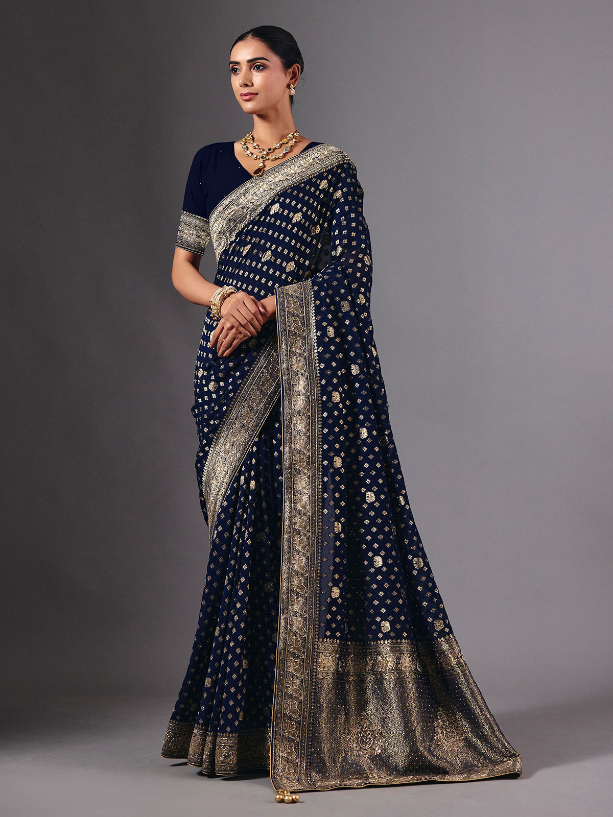 Navy dola silk saree with elephant motif zari artistry