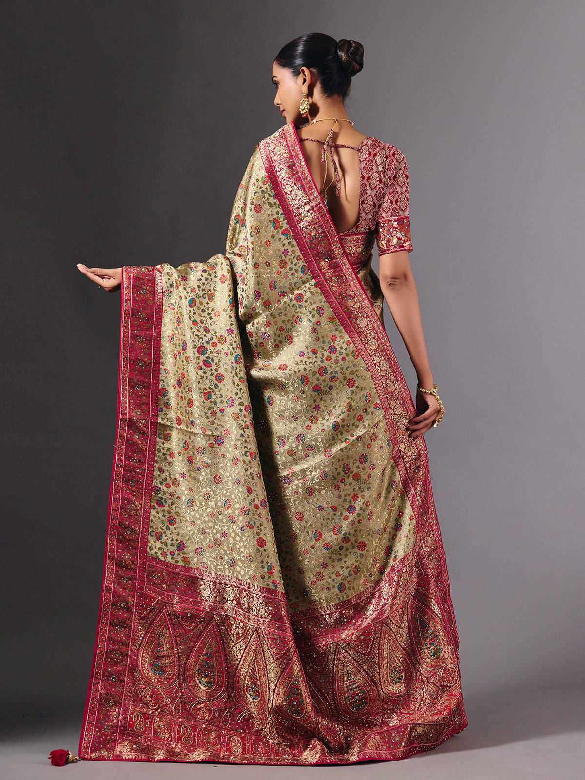 Pista green satin silk saree with floral zardosi elegance