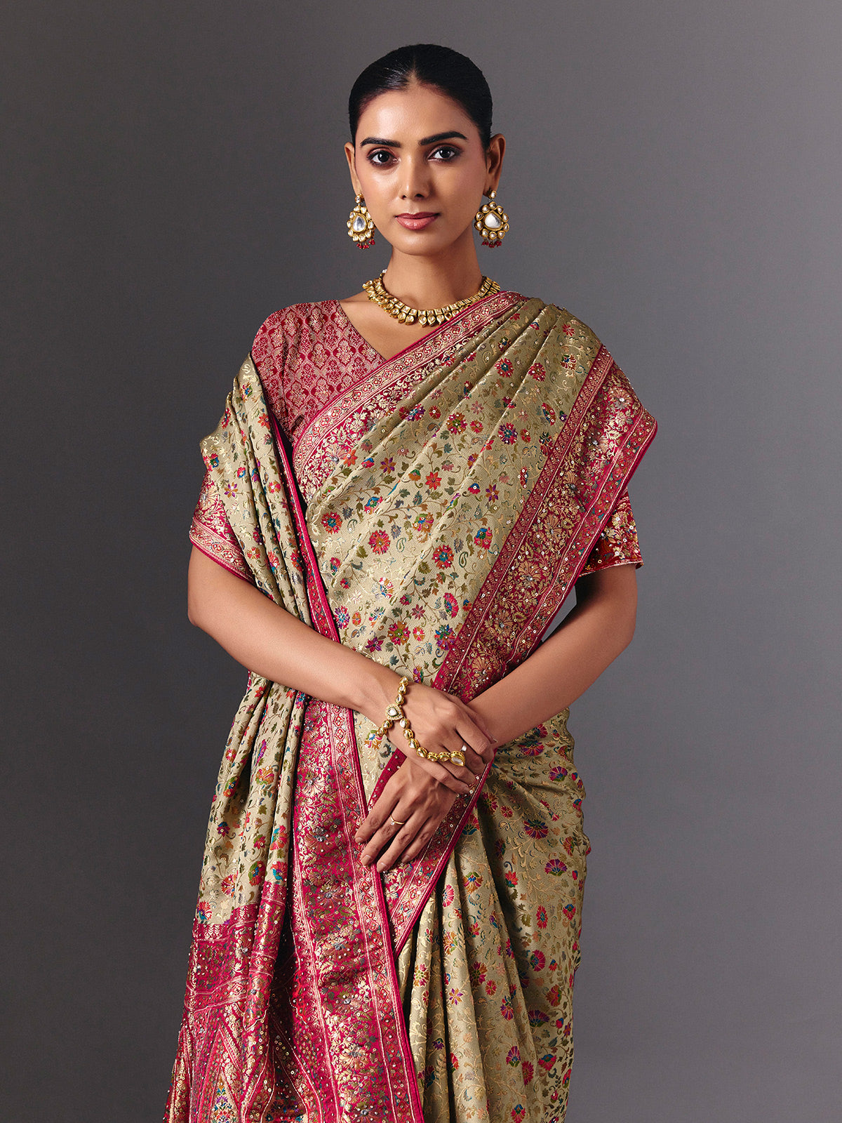 Pista green satin silk saree with floral zardosi elegance