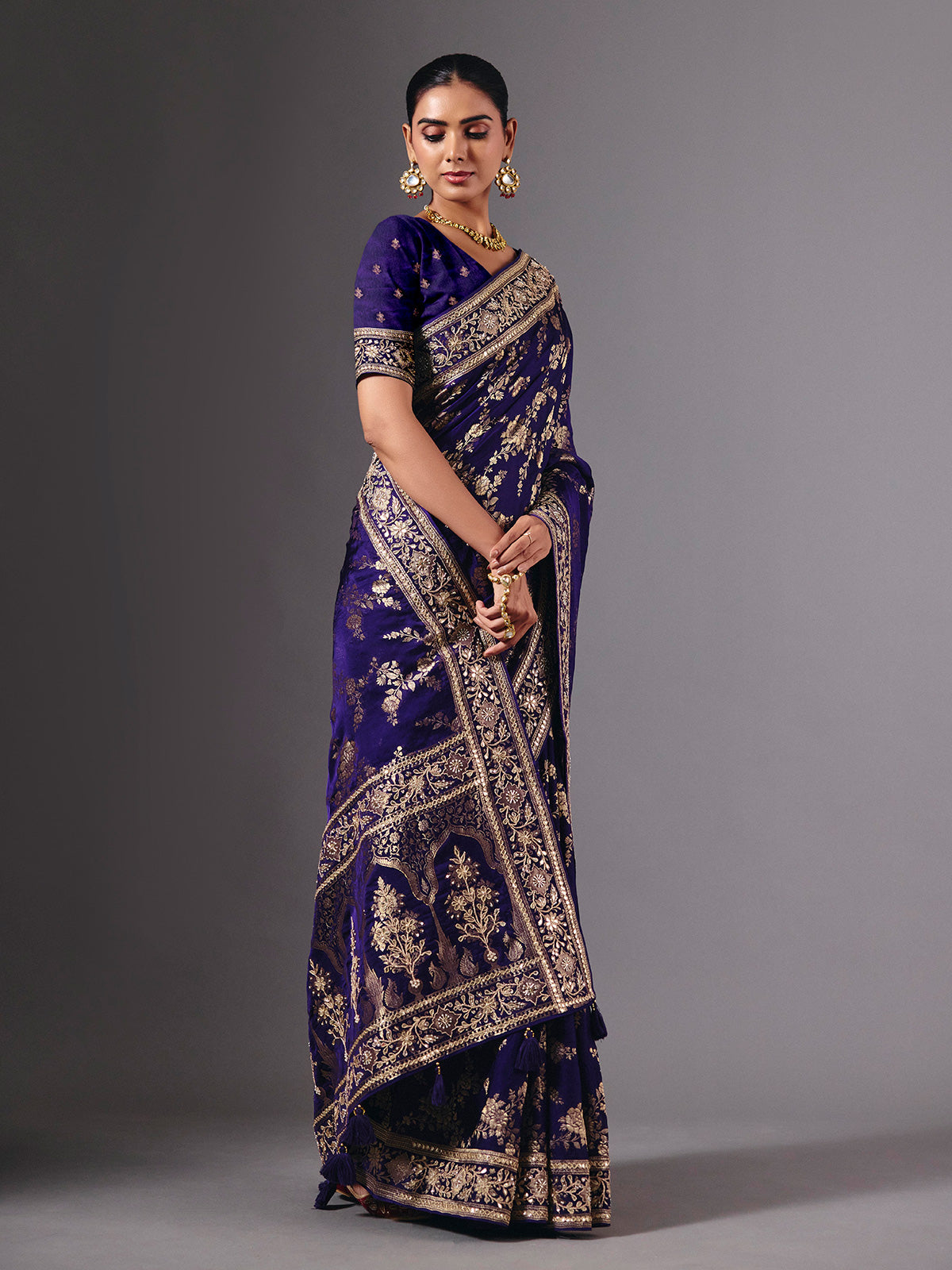 Royal blue satin silk saree with dazzling zardosi embellishments