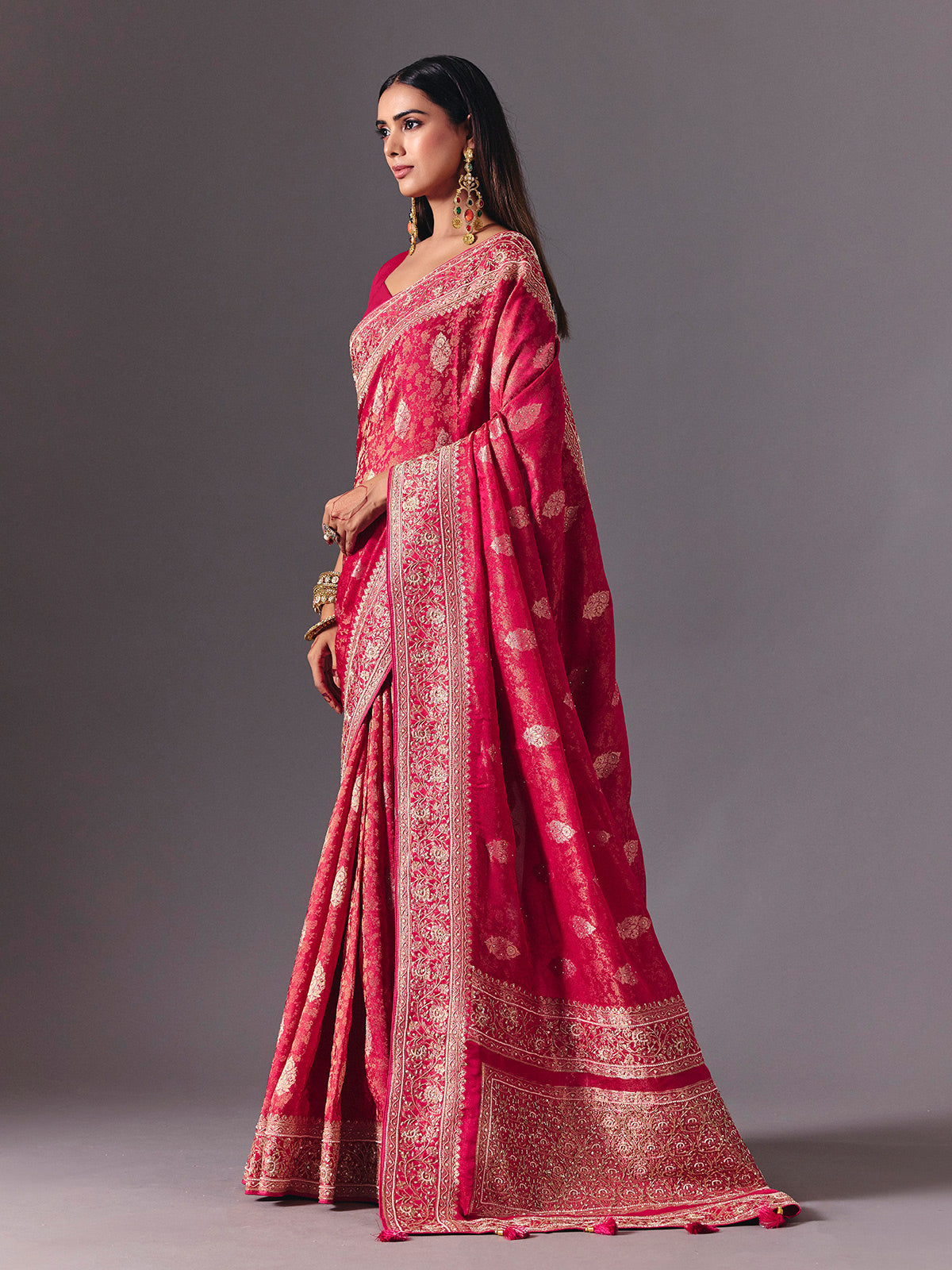 Rani pink satin silk saree with exquisite zari butta detailing