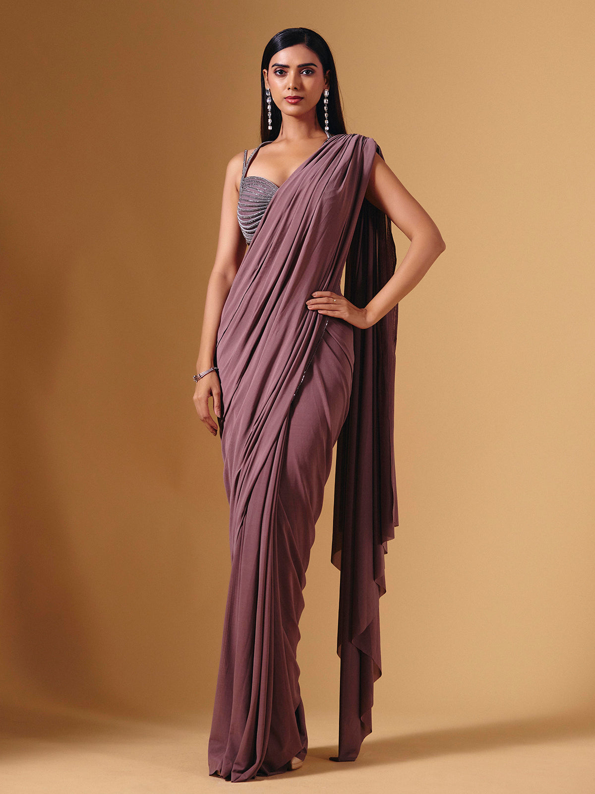 Light wine lycra ready to wear saree with stone embellishments