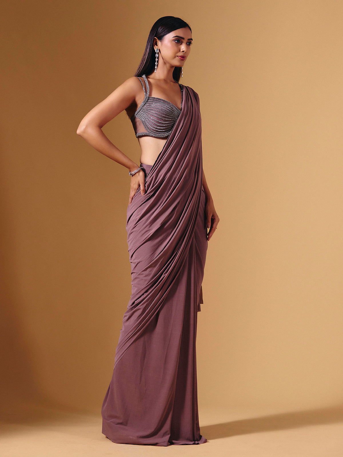Light wine lycra ready to wear saree with stone embellishments