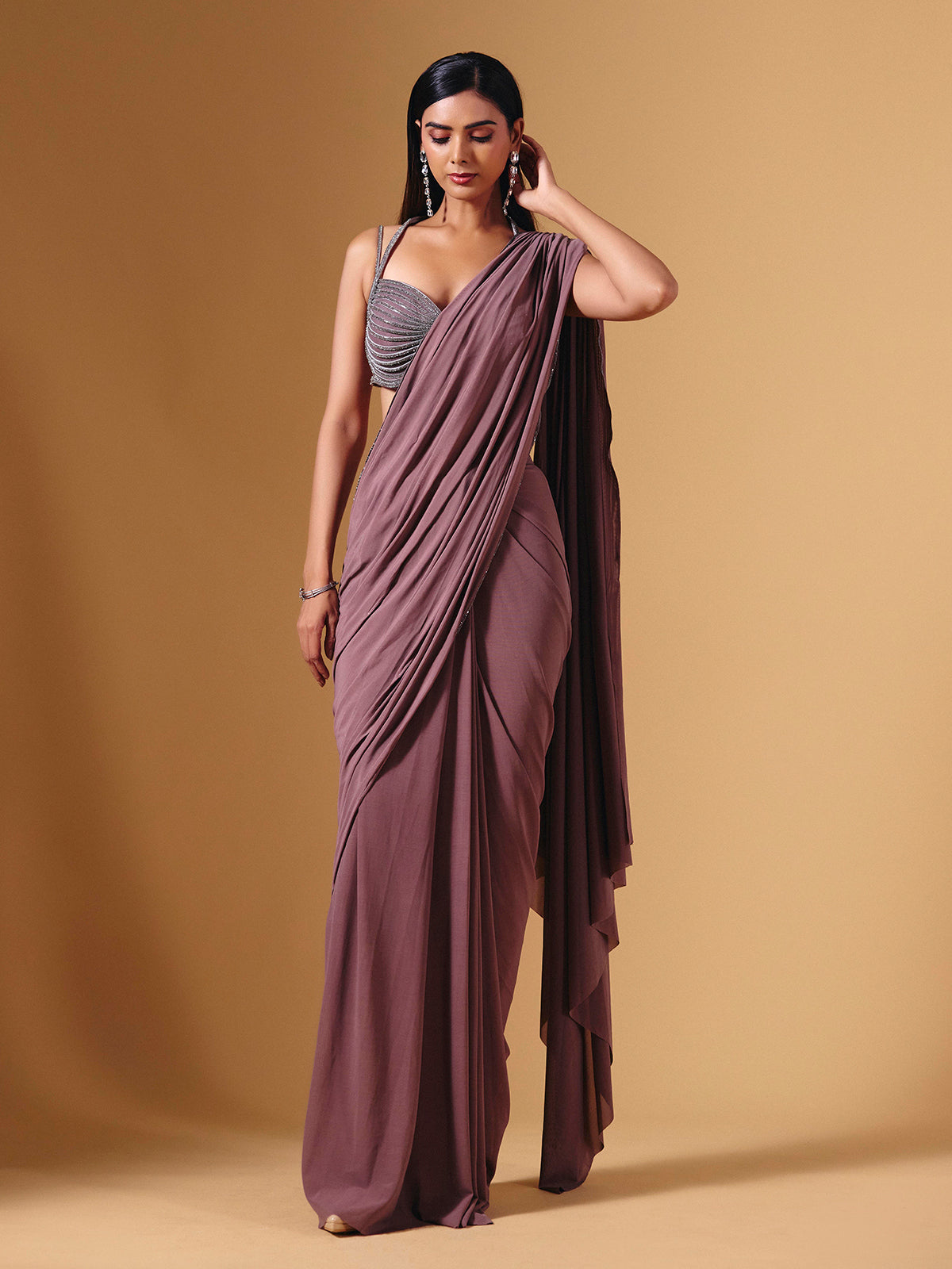 Light wine lycra ready to wear saree with stone embellishments
