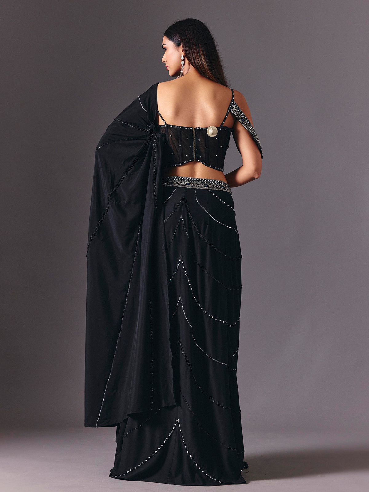 Black satin silk ready to wear saree with cutdana embellishments