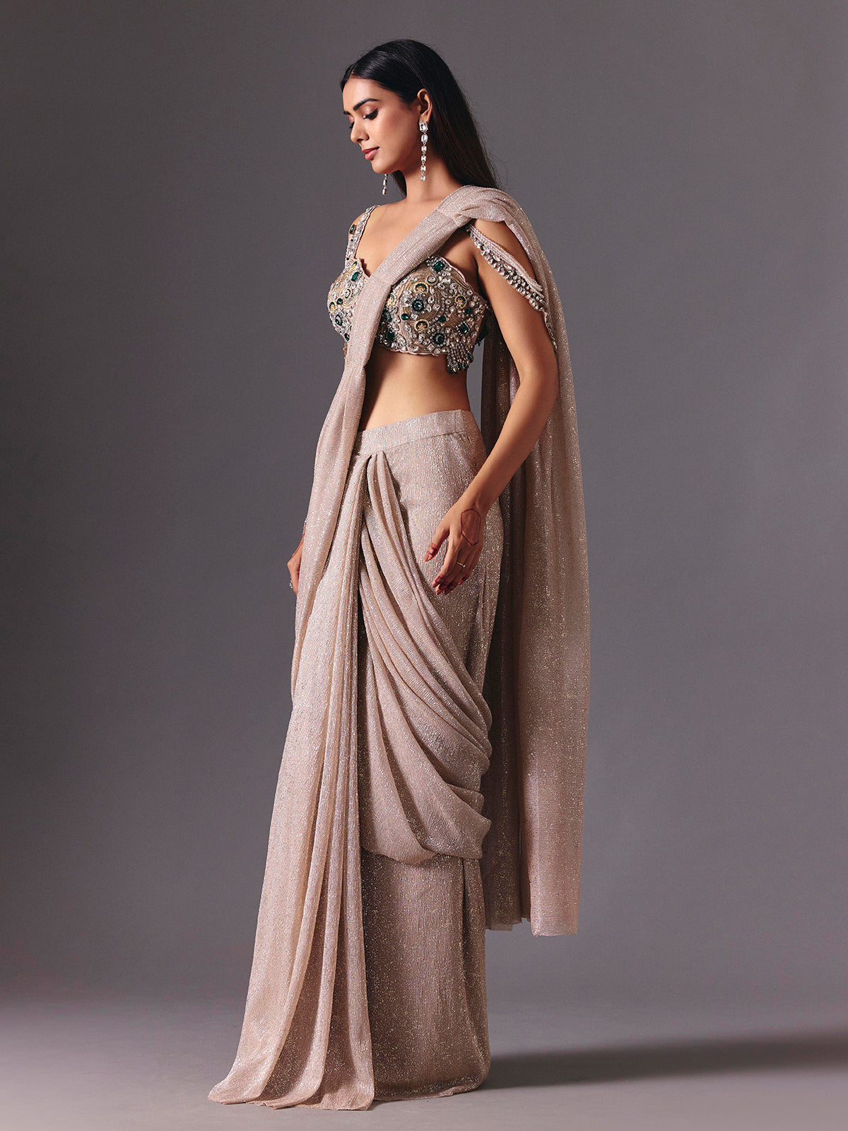 Beige net ready to wear saree with zardosi diamond detailing
