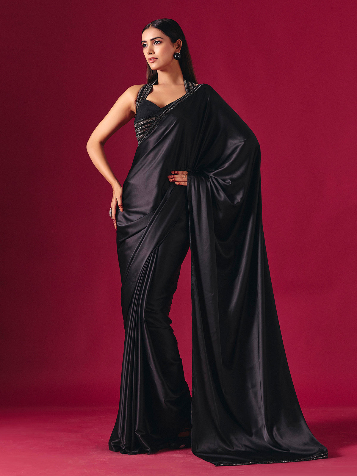 Black satin silk ready to wear saree with diamond elegance