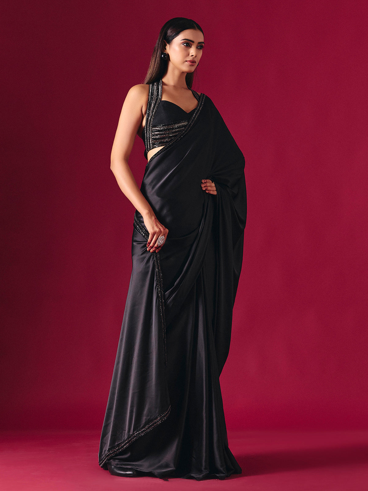 Black satin silk ready to wear saree with diamond elegance