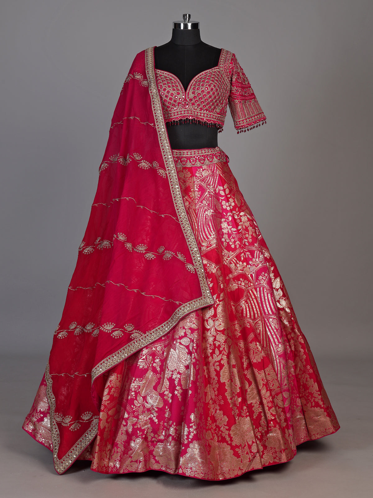 Rani pink banarasi jacquard lehenga choli with dupatta