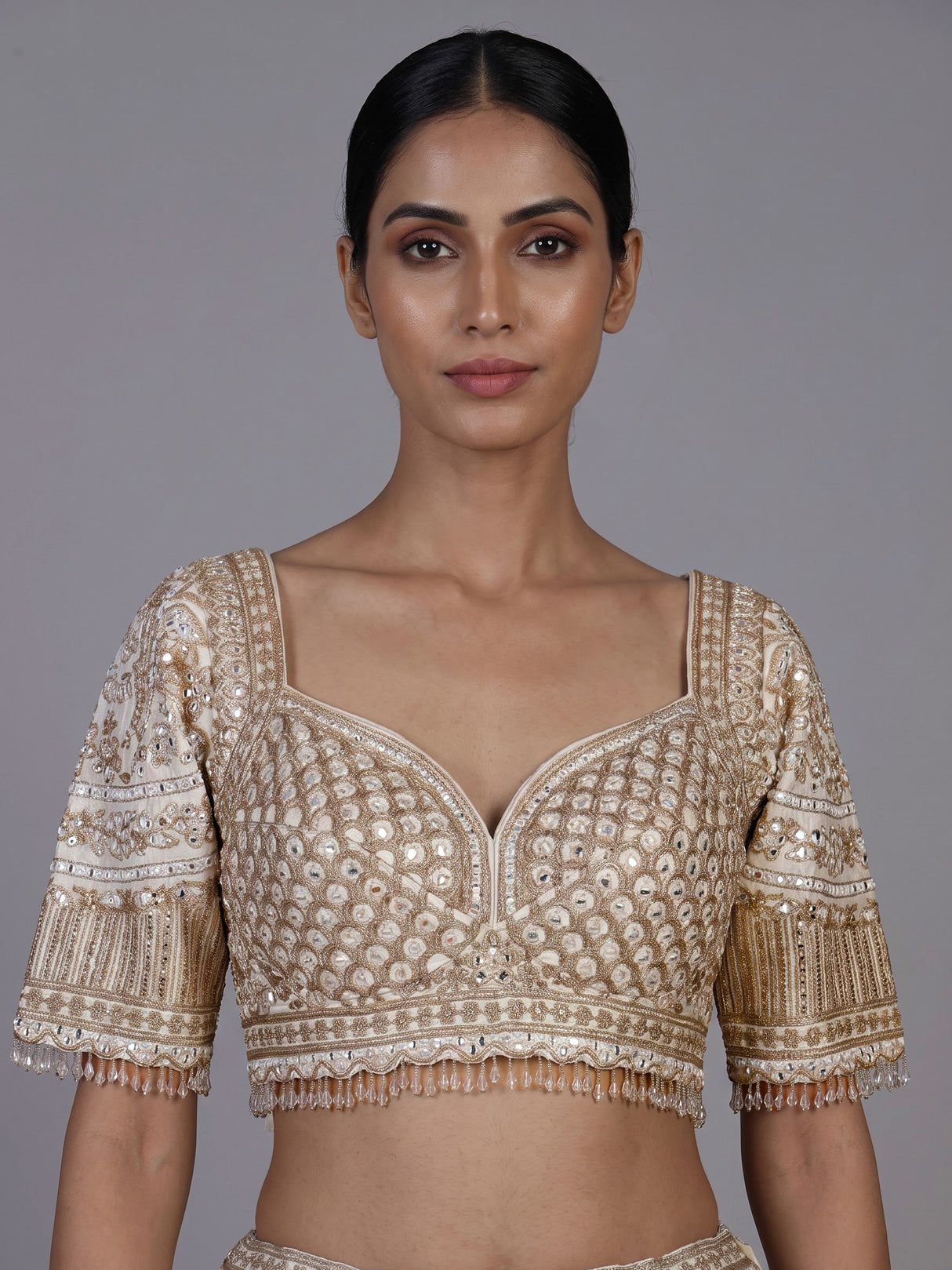 Cream banarasi jacquard lehenga choli with dupatta
