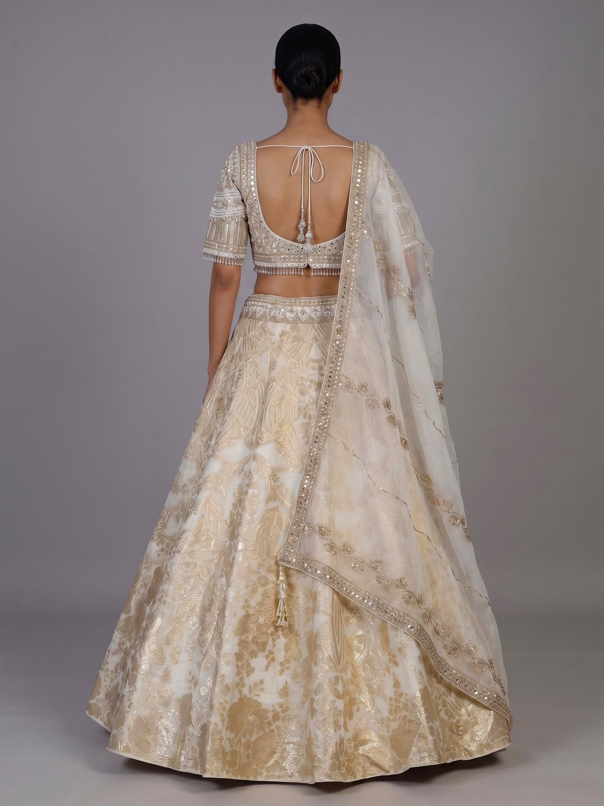 Cream banarasi jacquard lehenga choli with dupatta