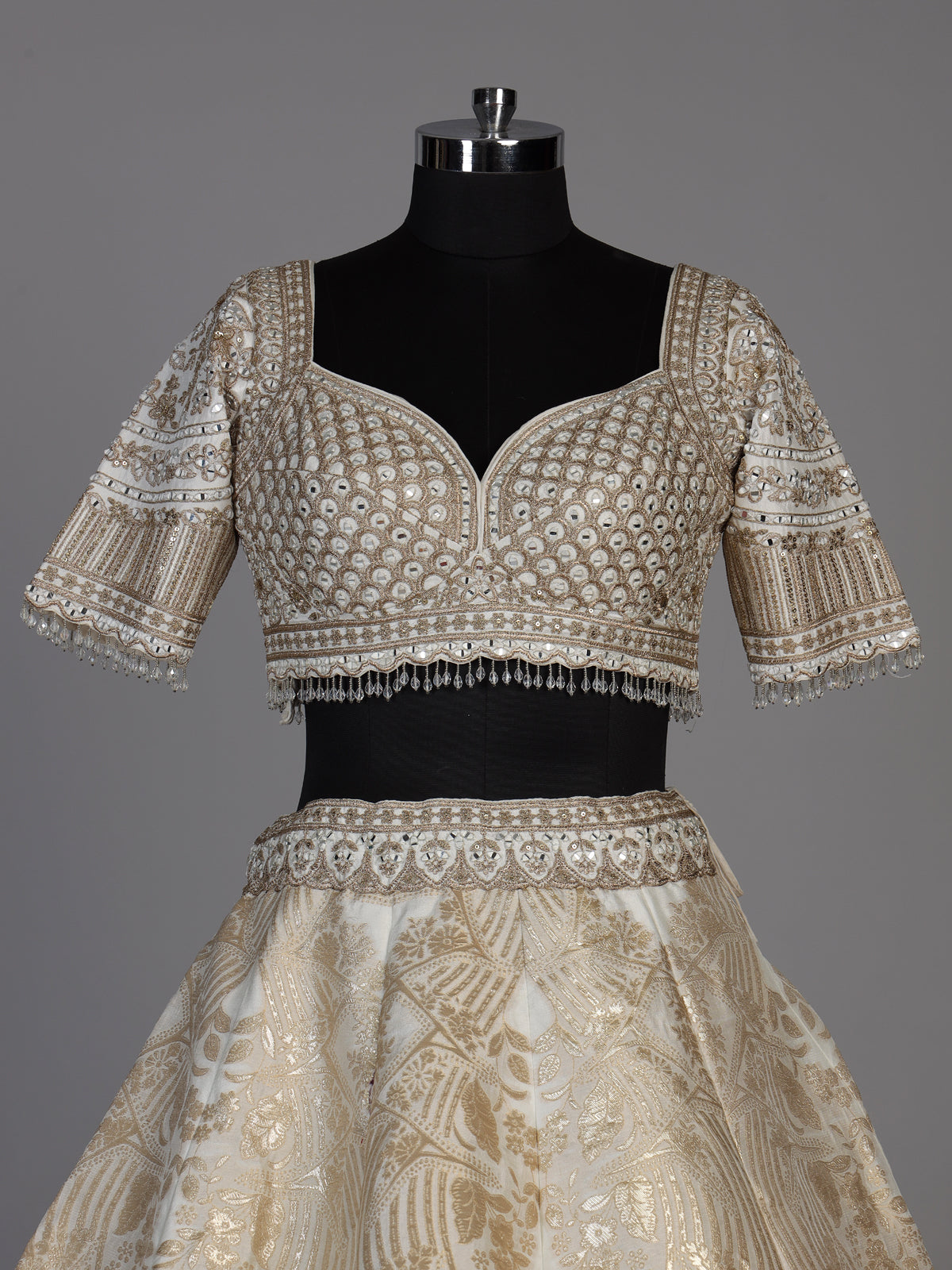 Cream banarasi jacquard lehenga choli with dupatta