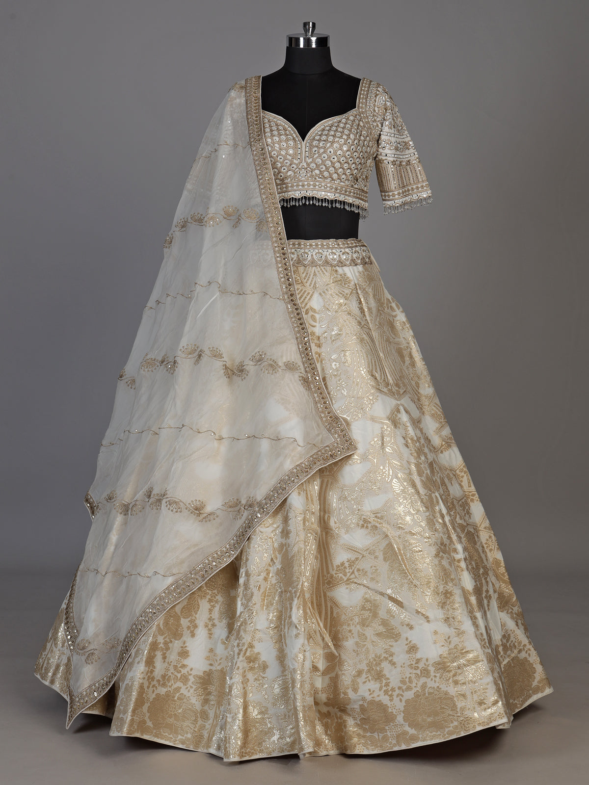 Cream banarasi jacquard lehenga choli with dupatta
