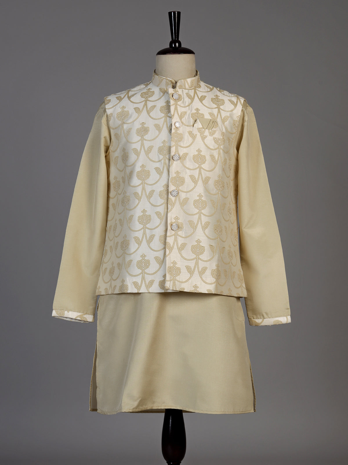 Beige silk waistcoat set for men with delicate sequin threadwork