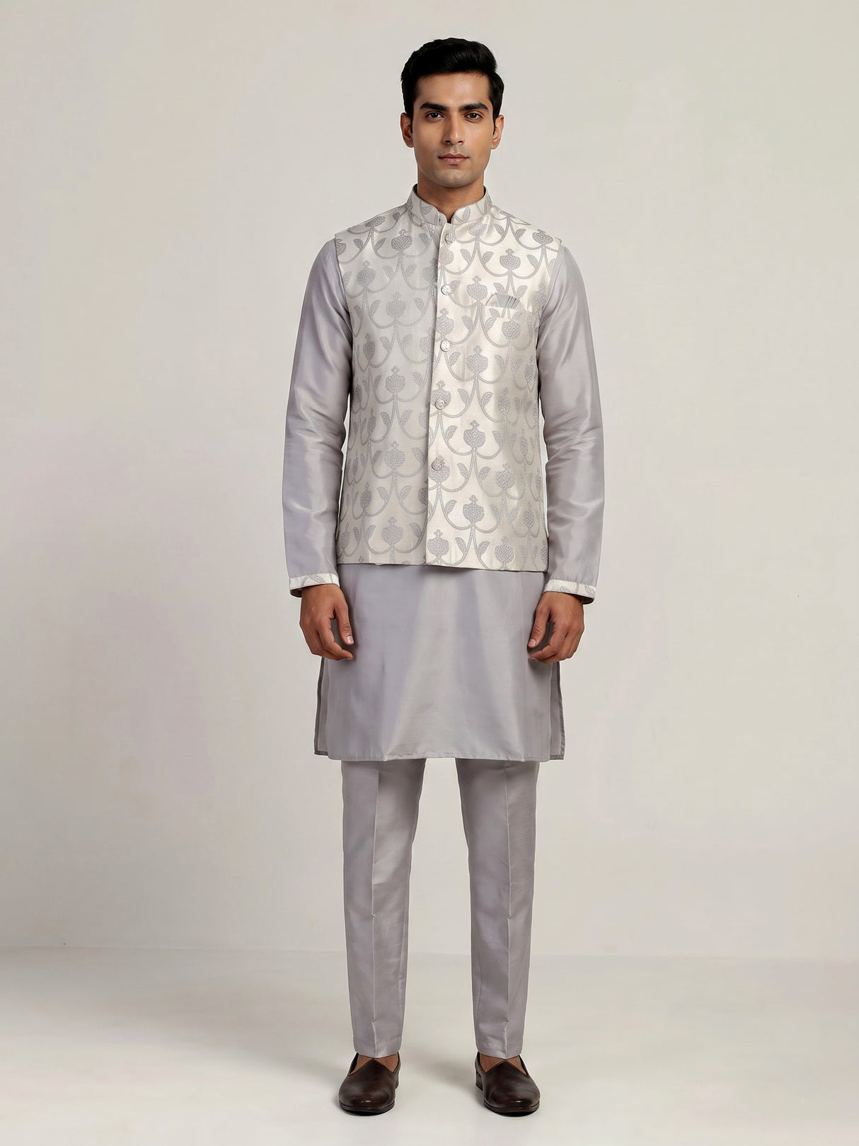 Grey silk waistcoat set for men with subtle sequin threadwork