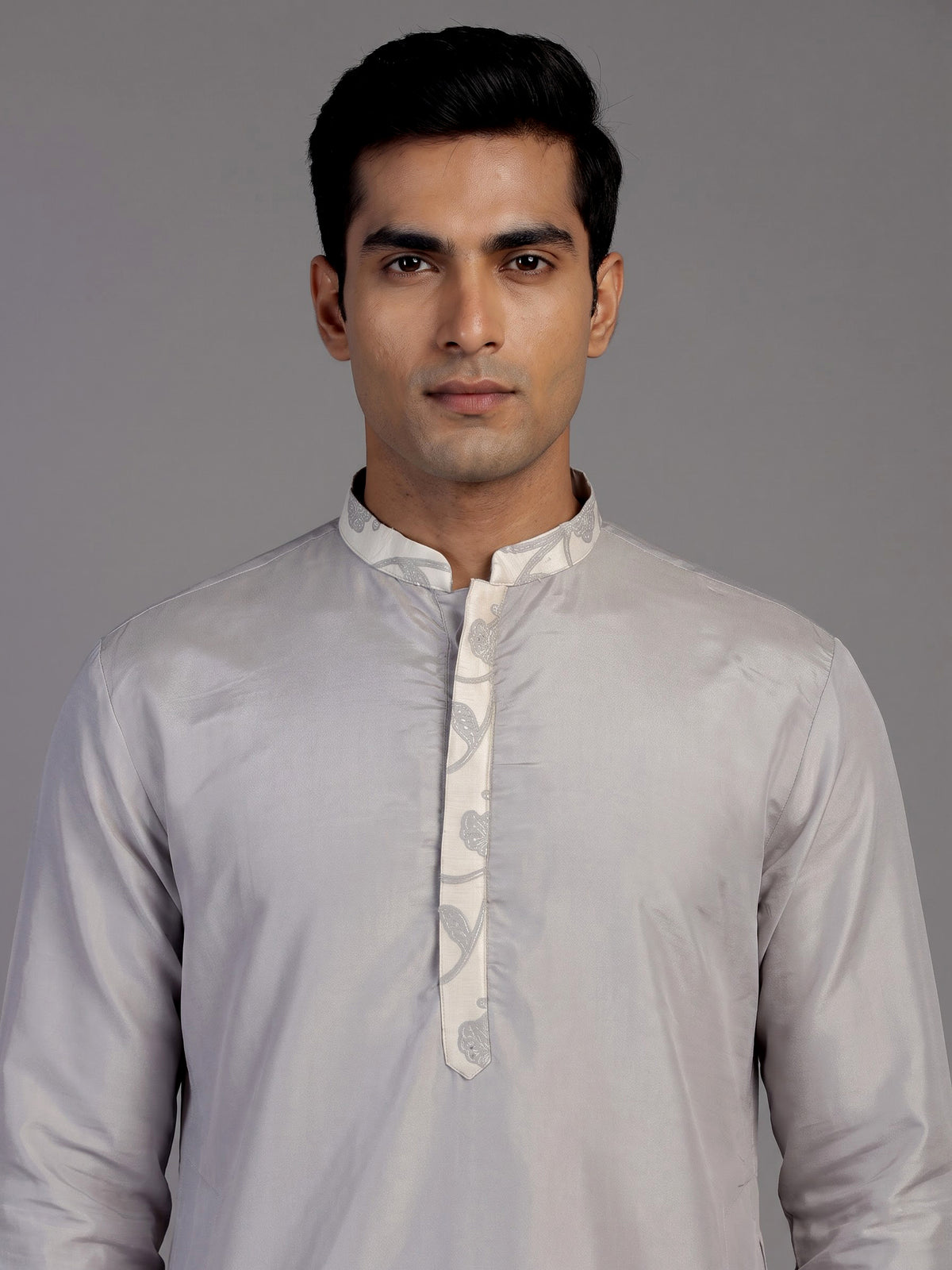 Grey silk waistcoat set for men with subtle sequin threadwork