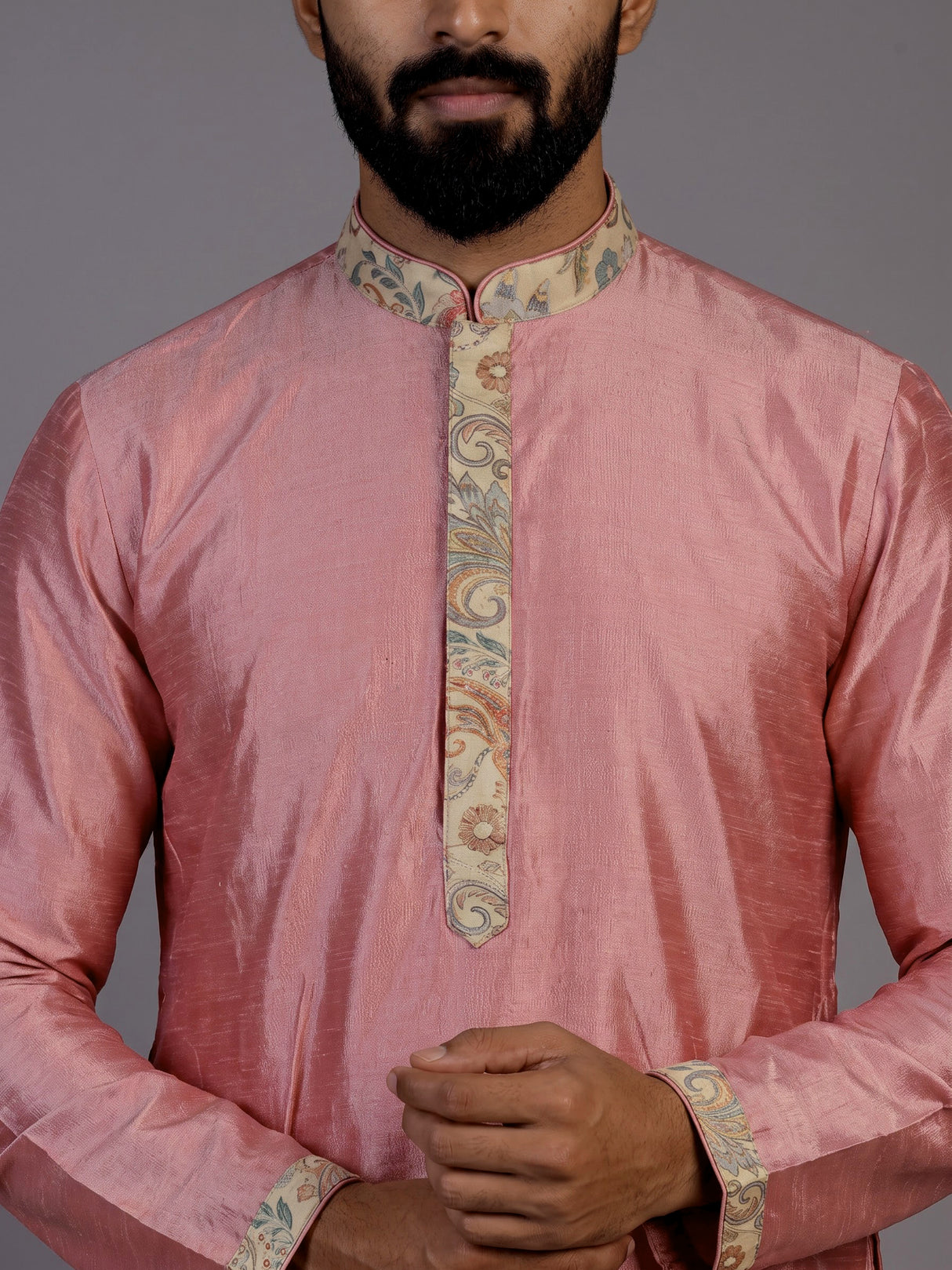 Pink silk waistcoat set for men with printed zari detailing