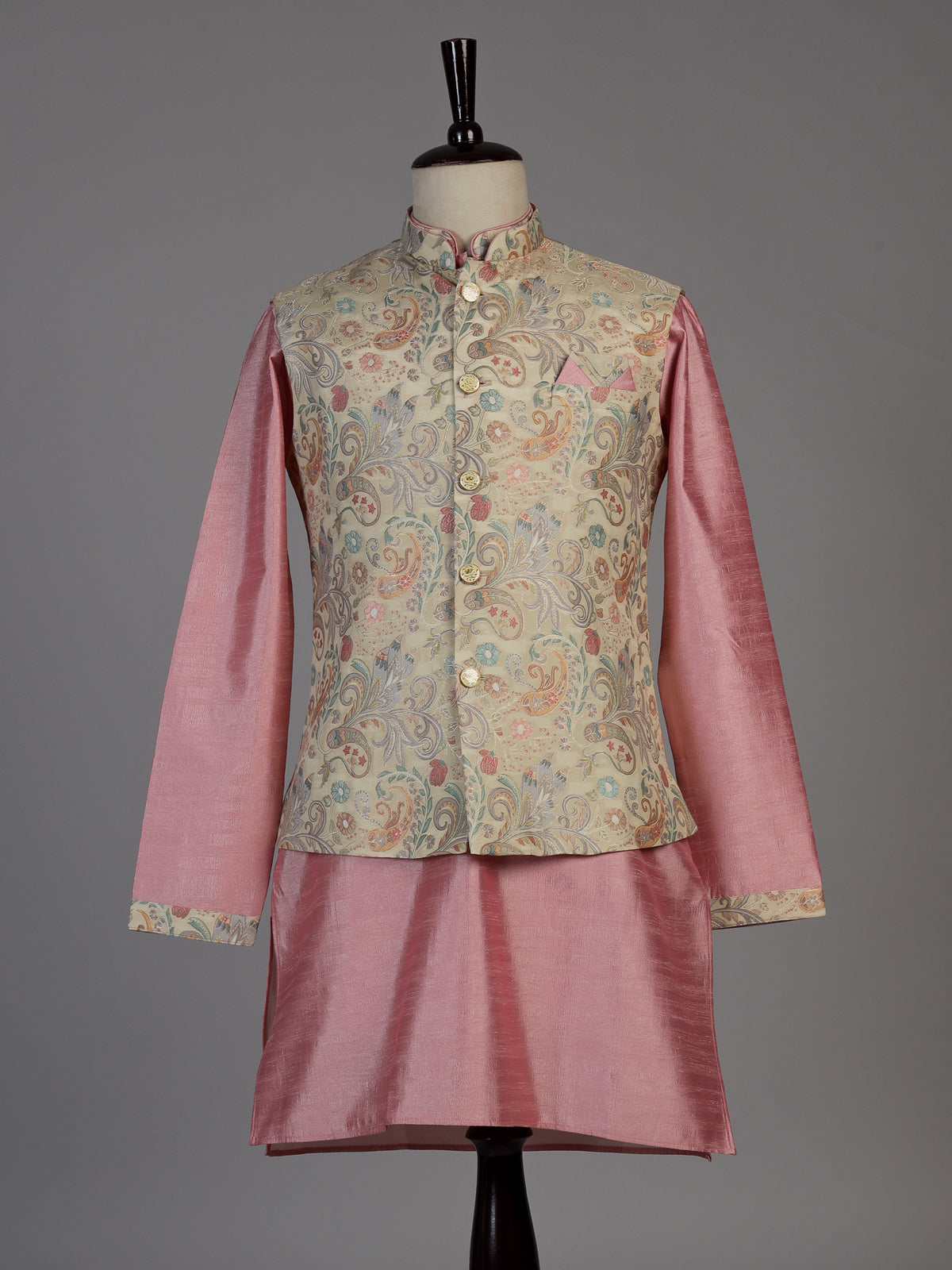 Pink silk waistcoat set for men with printed zari detailing